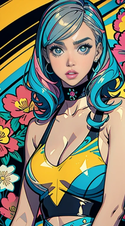 Jessica Alba、Create digital artwork in pop art style, vibrant and confident，Street fashion, Movie color schemes, Vintage, Vivid brush strokes,Emotions must be dynamic, Upper body, Drawing, Illustration, grayscales, Tropical,