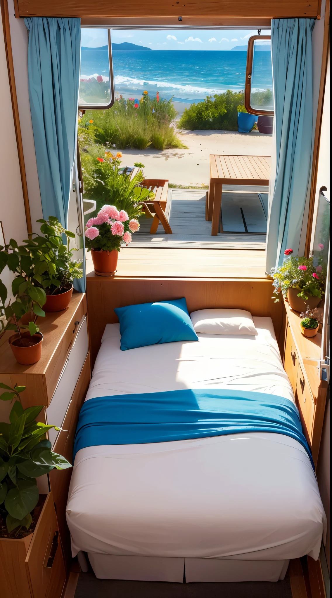 inside a cozy campervan, comfy bed and warm blanket, plants, flowers, decoration, view from the back on quiet beach, sunrise, peaceful, vibrant colors, lineart