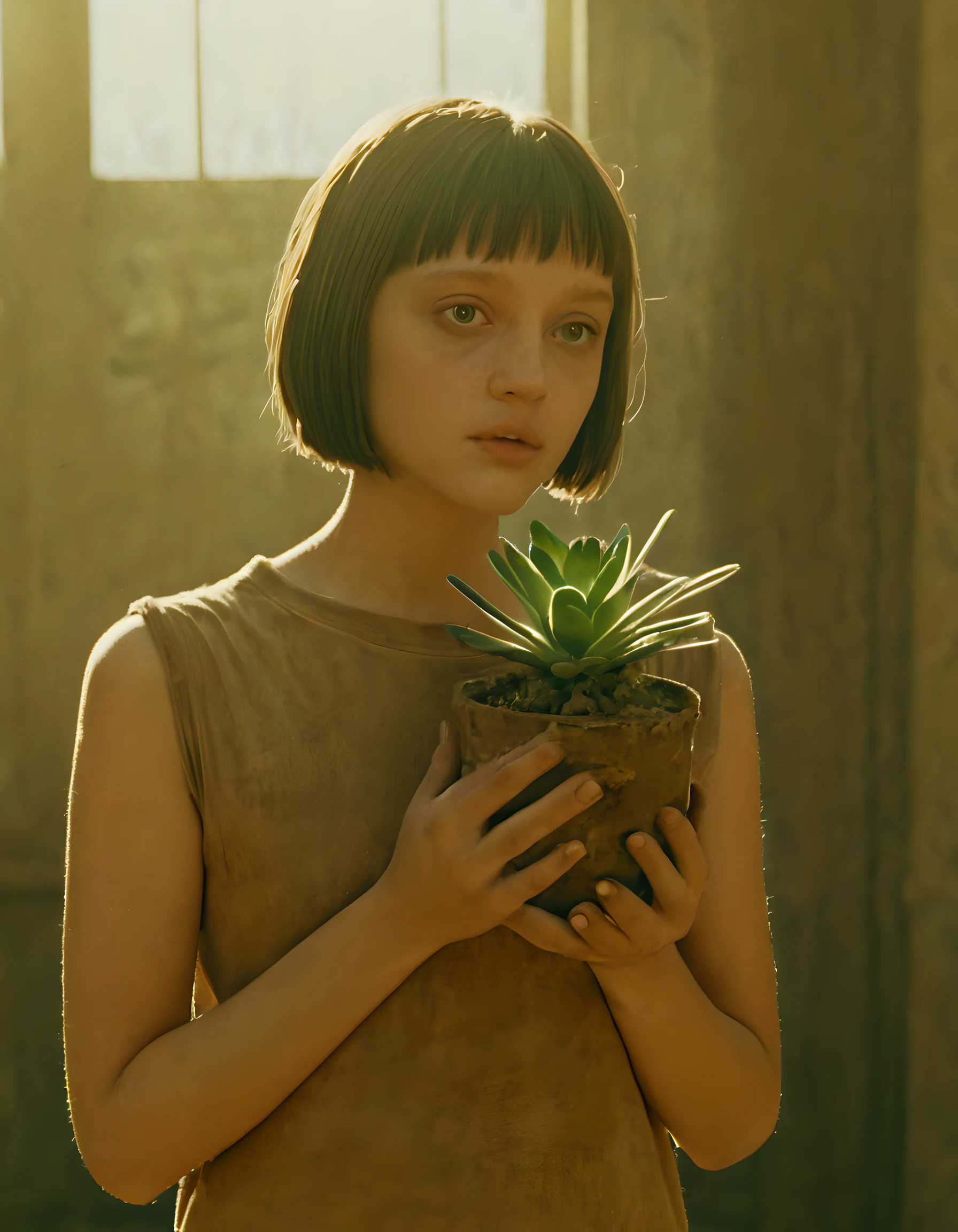 Enter the world of cinema with this prompt featuring a photography capturing the iconic scene from "Leon: The Professional" where the young female protagonist cradles a succulent plant in her arms. The warm glow of sunlight bathes the scene, highlighting the beauty and serenity of the plant. The composition of the photograph focuses on the plant, allowing viewers to appreciate its intricate details and vibrant colors. This photograph conveys a sense of tranquility and showcases the delicate bond between nature and humanity. Shot by renowned cinematographer Robert Richardson, this image captures the essence of the film's emotional depth and visual artistry，((Best quality)), ((Masterpiece)), ((Realistic))，axial symmetry，anatomy correct，