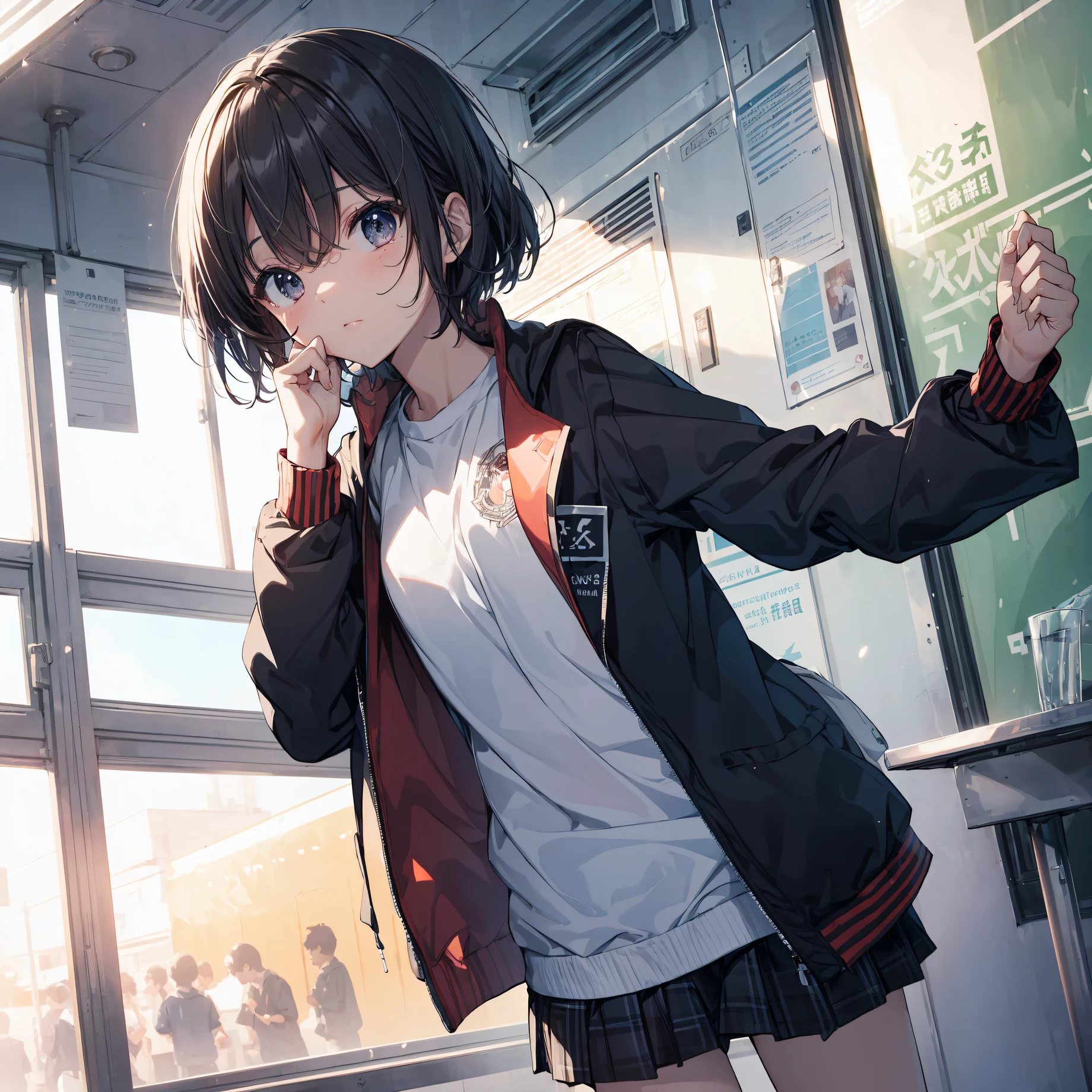 God quality,  anime moe artstyle,best anime 8k konachan wallpaper,badass anime 8k,perfect anatomy, (Please draw a girl walking sleepily to school. ),break, 1girl, (Solo,Loli,child,13-year-old:1.5),a junior high school student, androgynous charm, (Very Short hair), Full limbs, complete fingers,flat chest, Small butt, groin, Small eyes,finely detailed beautiful black eyes,disgusted eyes, school Uniform, in the School commute route. break,ultra-detailed,high resolution,super detailed skin, professional lighting,8k eye details, (cool  illustration:1.2),