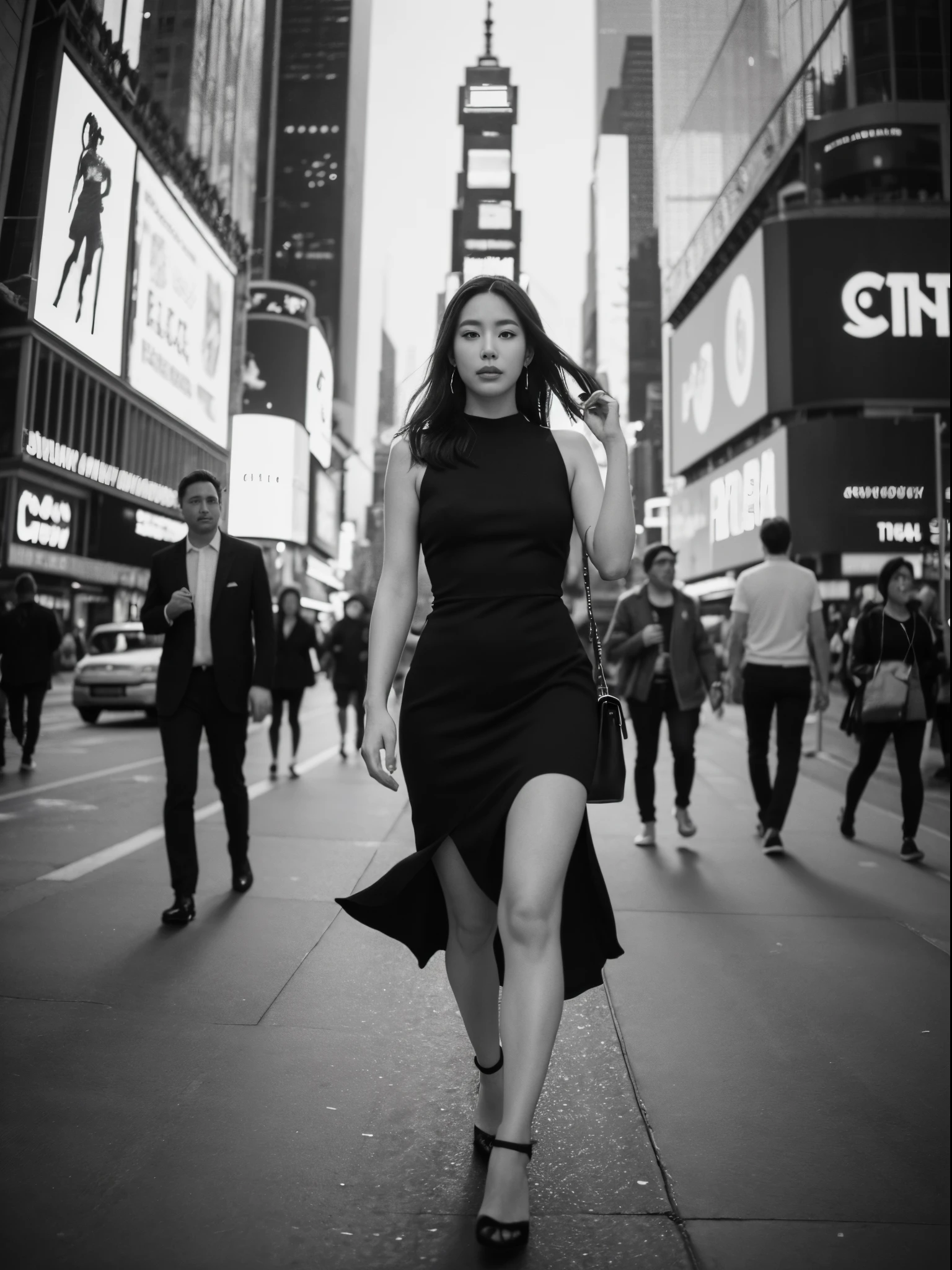 araffe korean woman model walking down a busy city street in a dress, a black and white photo, digital art, in time square, standing in time square, 4x5 styled street photography, street photo, street photography style, shot with hasselblad, shot on hasselblad, anamorphic lens, in times square, street photograph, street photography, kodak 400tx, mesmerizing, ((black and white photography)), (low key)