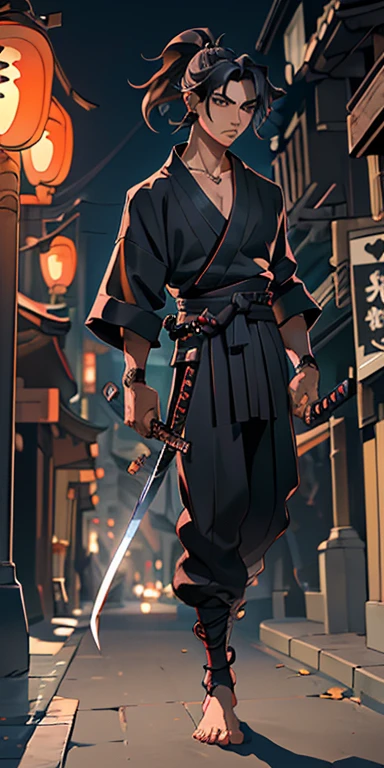 (masterpiece, best quality), full body image, 1man, collarbone, wavy hair, looking at viewer, blurry, upper body, necklace, modern Samurai, wearing black suit, ponytail, moonlight, in the middle of the city, holding his katana in one hand and showing the orders with the other