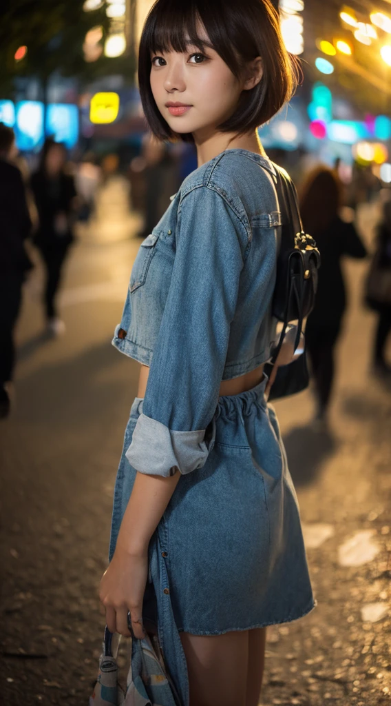 1 girl, Average Japanese, Beautiful, Beautiful backlight, Short tent opening, Master piece, Best quality, Super detailed, Solo, (Night time), Energetic, Shadow, Contrast, Clear sky, Analog style (View Viewer: 1.2) (Skin Texture) , (Warm Tones, Light Tones: 1.2), Cinematic Light, Side Light, Ultra High Resolution, Best Shadows, Raw, Upper Body Full Body, , Relaxed Intimacy shot, short hair with bangs, bob cut, taken at street,Stylish street, Casual fashion
