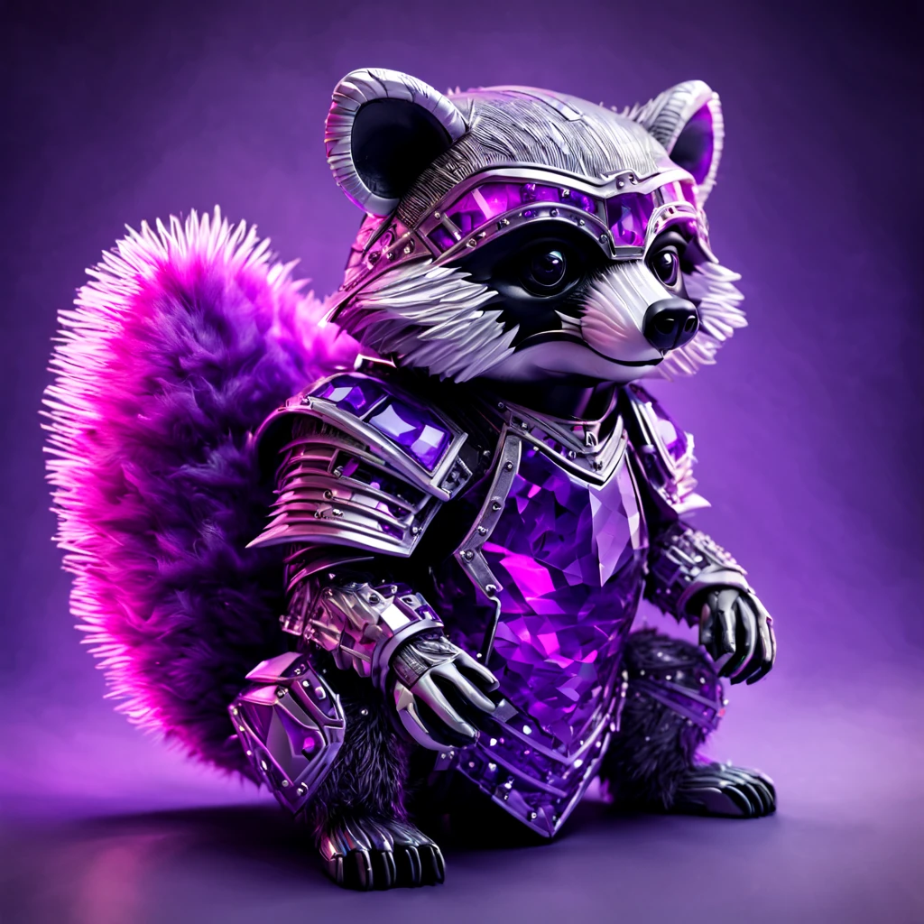 Raccoon Amethyst pink and purple in color and covered in crystal grey and Amethyst armor, masterpiece, best quality, in neon art sytle