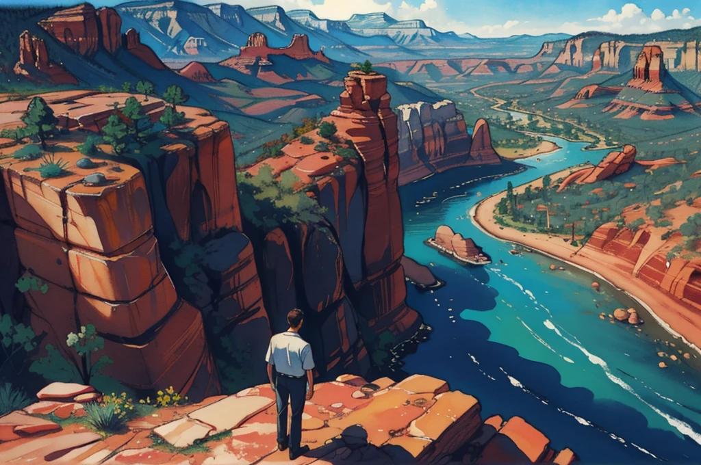 (aquarela paiting,Sedona Arizona, Flagstaff Arizona, Sedona landing strip, 1962 Piper Cherokee airplane, man standing on the edge of a mountain looking down at the airplane