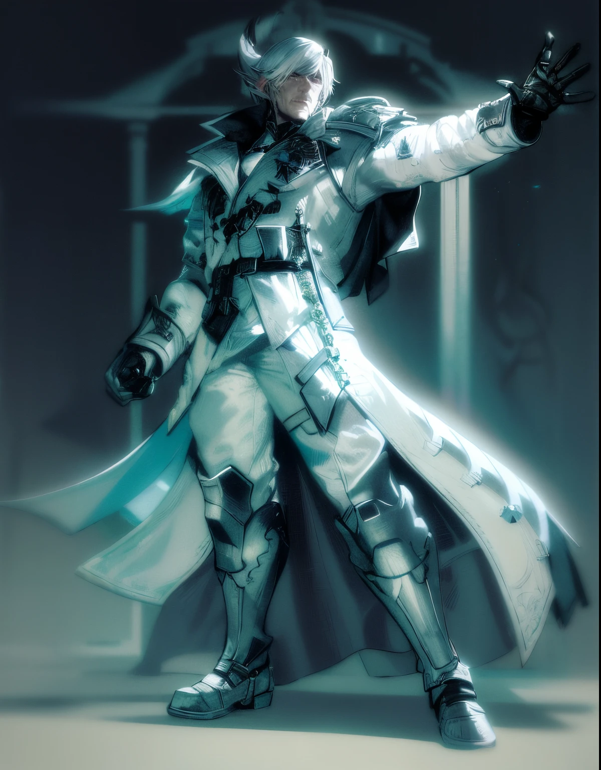 a man in a white coat and black gloves holding a sword, final fantasy character, thancred waters in style of wlop, picture of a male cleric, thancred waters, from final fantasy xiii, from final fantasy, as a character in tekken, ffxiv heavensward, raiden from metal gear rising, glossy white armor, dressed like a cleric, cleric change background cyberpunk, cyberpunk jacket, 8k