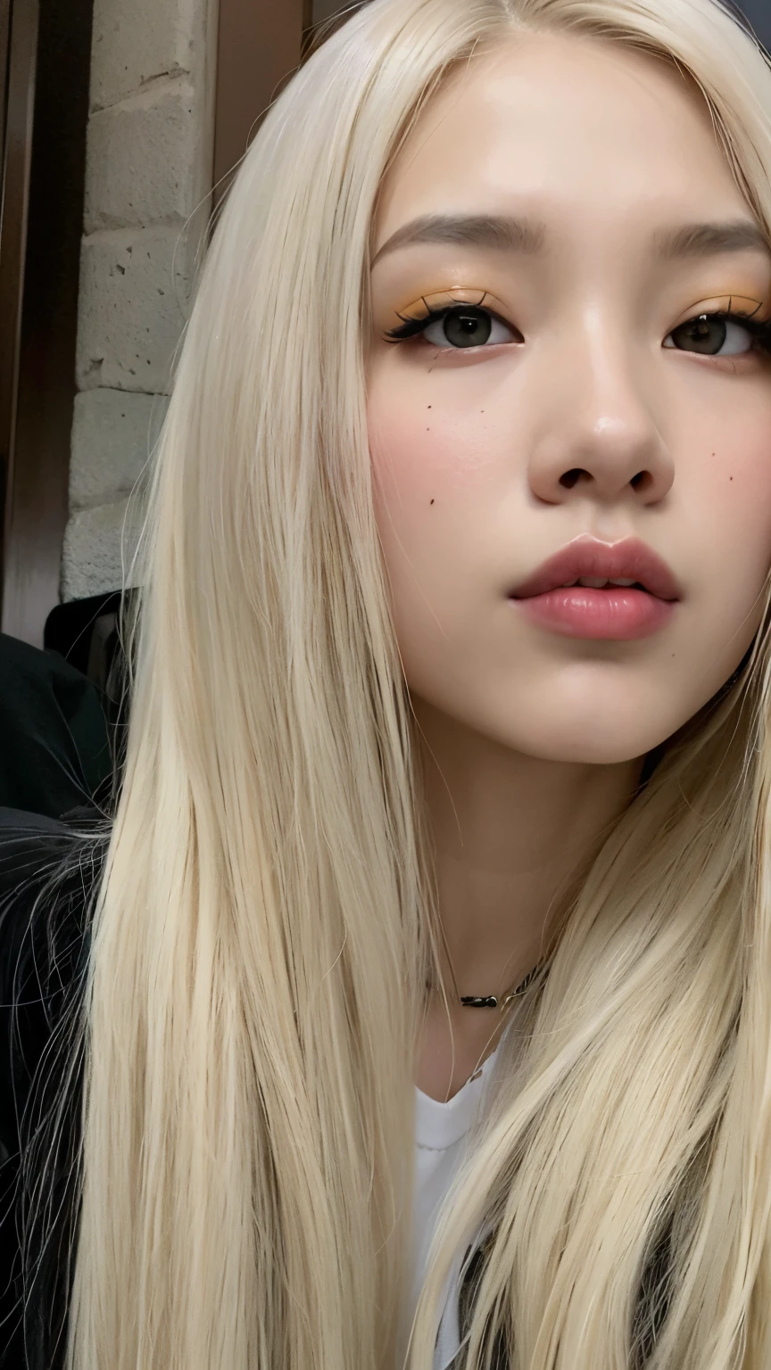 Close up of woman with long blonde hair and yellow eyeliner, Blackpink Roseanne Park, Cl, Avamax, her hair is white, Josh is Blackpink, Portrait of Blackpink Josh, 아주 very pale blonde 머리, yellow hair, Larisa Manoval, very pale blonde, Larissa Manoban of Blackpink, pale hair