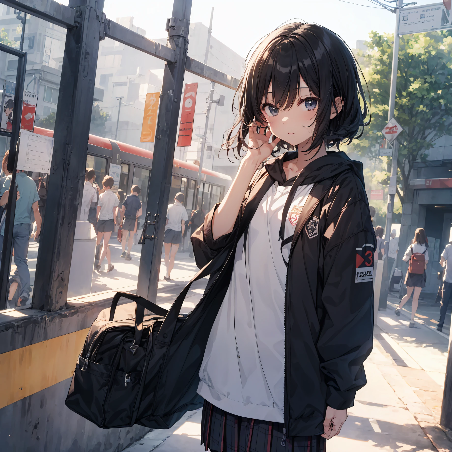 God quality,  anime moe artstyle,best anime 8k konachan wallpaper,badass anime 8k,perfect anatomy, (Please draw a girl walking sleepily to school. ),break, 1girl, (Solo,Loli,,13-ye-ol5),a ior high sccharm, (Very Short hair), Full limbs, complete fingers,flat chest, Small butt, groin, Small eyes,finely detailed beautiful black eyes,disgusted eyes, school Uniform, in the School commute route. break,ultra-detailed,high resolution,super detailed skin, professional lighting,8k eye details, (cool  illustration:1.2),