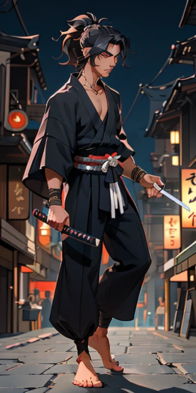 (masterpiece, best quality), full body image, 1man, collarbone, wavy hair, looking at viewer, blurry, upper body, necklace, modern Samurai, wearing black suit, ponytail, moonlight, in the middle of downtown at a modern city, holding his katana in one hand and showing the orders with the other
