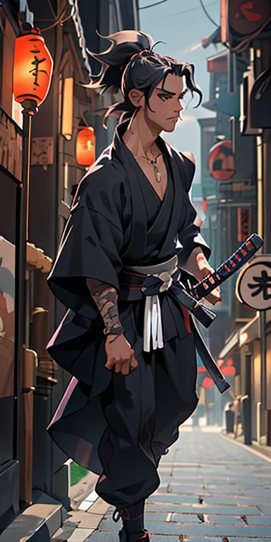 (masterpiece, best quality), full body image, 1man, collarbone, wavy hair, looking at viewer, blurry, upper body, necklace, modern Samurai, wearing black suit, ponytail, moonlight, in the middle of downtown at a modern city, holding his katana in one hand and showing the orders with the other