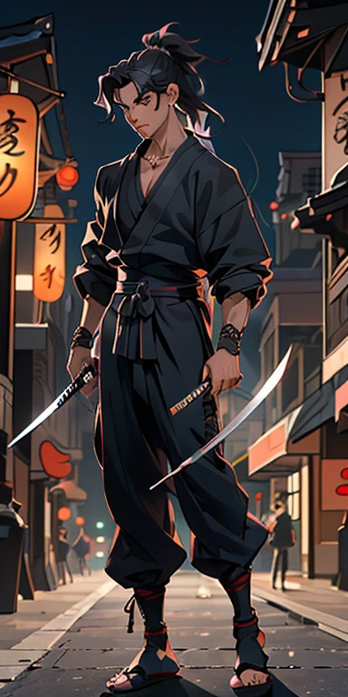 (masterpiece, best quality), full body image, 1man, collarbone, wavy hair, looking at viewer, blurry, upper body, necklace, modern Samurai, wearing black suit, ponytail, moonlight, in the middle of downtown at a modern city, holding his katana in one hand and showing the orders with the other