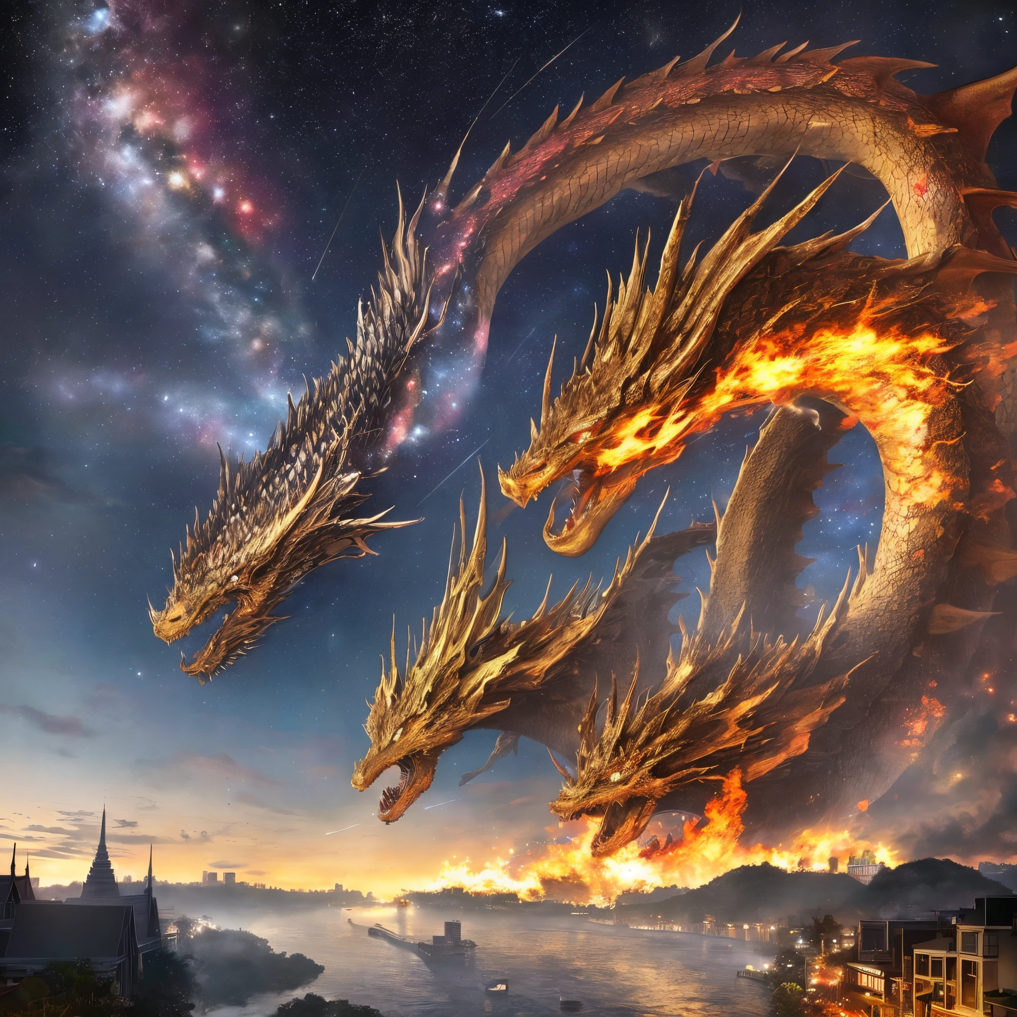 ((Worst quality, low quality)),(Golden Dragon, Golden Dragonの頭:1.3), (sunrise light, Morning Sunshine:1.4), (Beautiful majestic mountains and dragon background:1.4), On the table, best quality, Ultra Detailed,