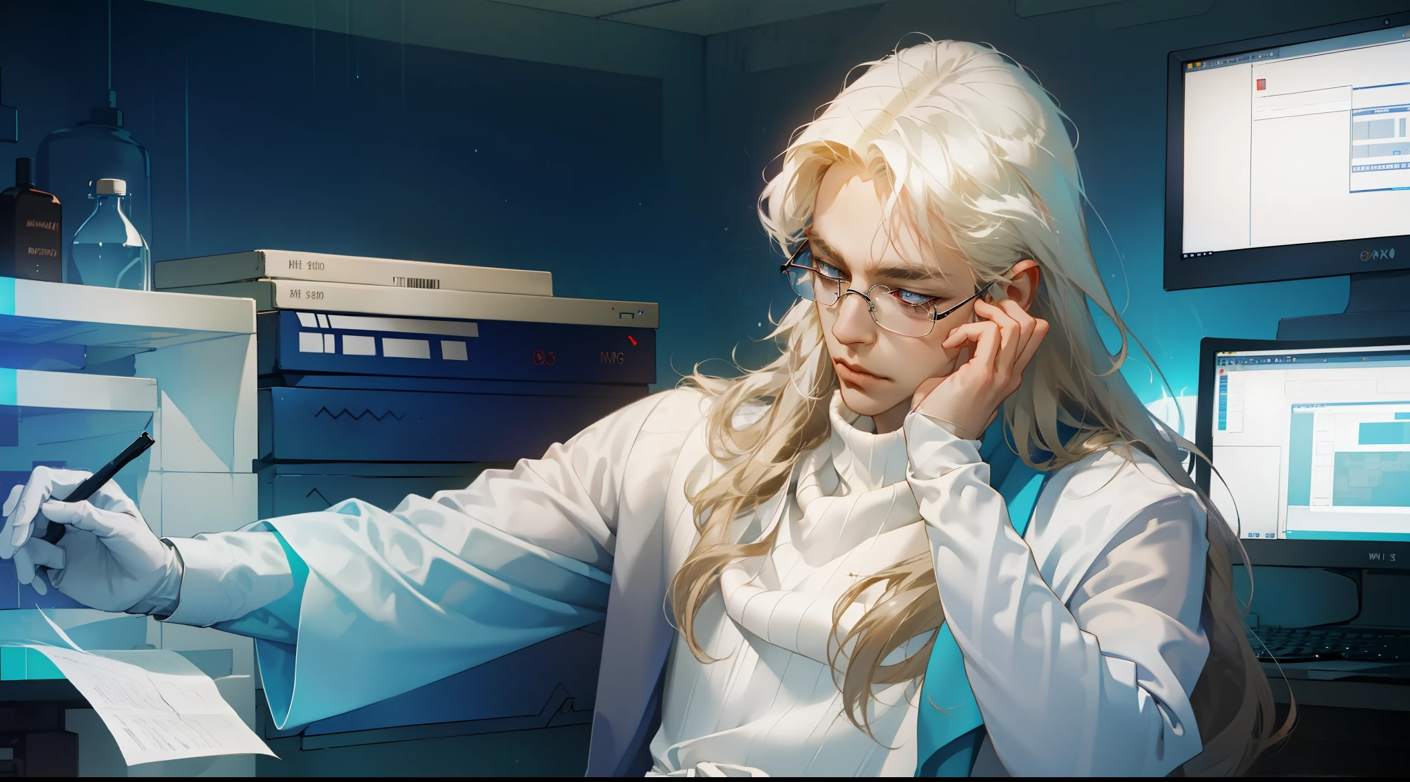 NSFW, tmasterpiece, beste-Qualit, Ultra-detailed, semi-realistic, Detailed facial features, 1male, looking aside, busy, blond, hairlong, eyeglasses, 詳細な目, Cyberpunk clothes, (Inside the blue and white room, in the lab, The White Room, brightly, looks at the monitor), in a white tight turtleneck, Neat hands, 4k