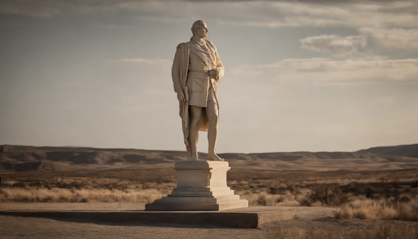 A full-length statue of a strong man, in ivory, with a serious face.  The statue wears an ivory cloak to cover only the lower part.