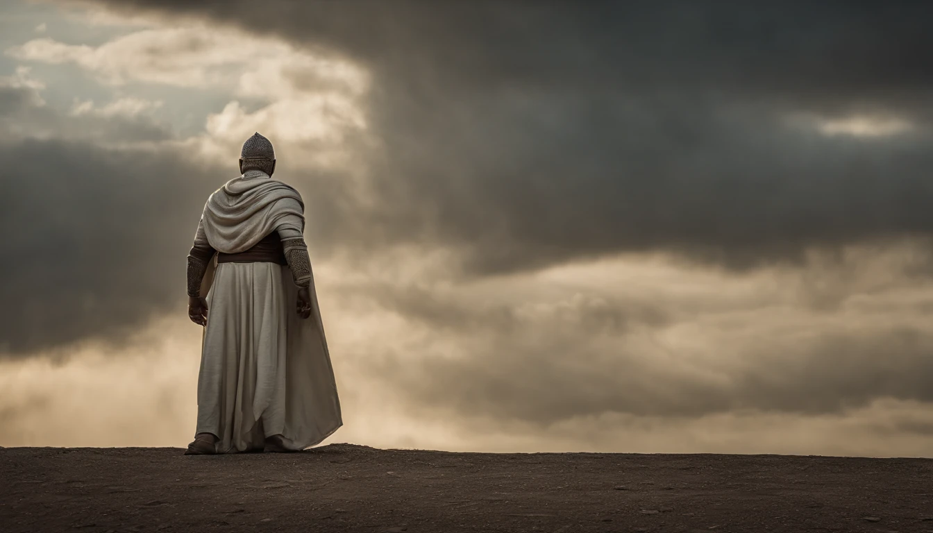 A full-length statue of a strong man, in ivory, with a serious face.  The statue wears an ivory cloak to cover only the lower part.