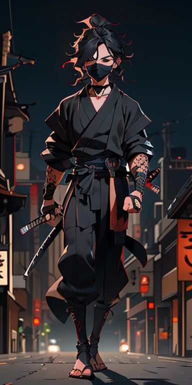 (masterpiece, best quality), full body image, collarbone, wavy hair, looking at viewer, blurry, upper body, necklace, modern Samurai, wearing black suit and a mask covering only his eyes, moonlight, in the middle of downtown at a modern city Tokyo, holding his katana in one hand and showing the orders with the other