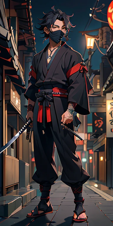 (masterpiece, best quality), full body image, collarbone, wavy hair, looking at viewer, blurry, upper body, necklace, modern Samurai, wearing black suit and a mask covering only his eyes, moonlight, in the middle of downtown at a modern city Tokyo, holding his katana in one hand and showing the orders with the other