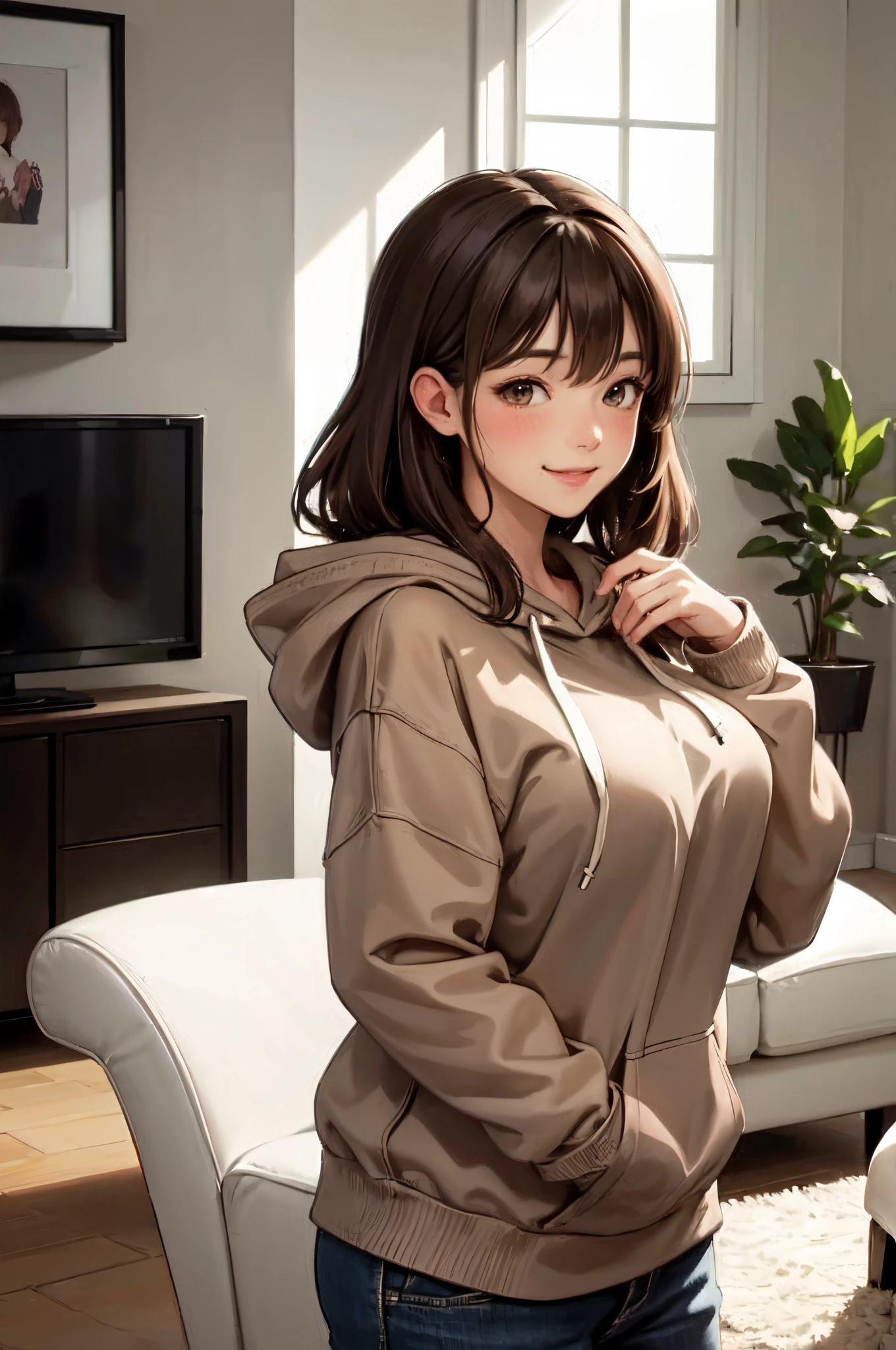 1lady standing, /(oversized hoodie/), mature female, /(brown hair/) bangs, blush kind smile, (masterpiece best quality:1.2) delicate illustration ultra-detailed, large breasts BREAK /(modern house living room/) indoors