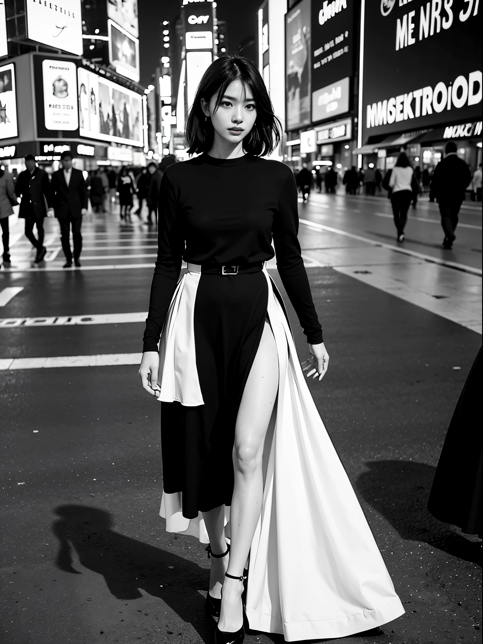 araffe woman model walking down a busy city street in a dress, a black and white photo, digital art, in time square, standing in time square, 4x5 styled street photography, street photo, street photography style, shot with hasselblad, shot on hasselblad, anamorphic lens, in times square, street photograph, street photography, kodak 400tx, mesmerizing, ((black and white photography)), (low key)
