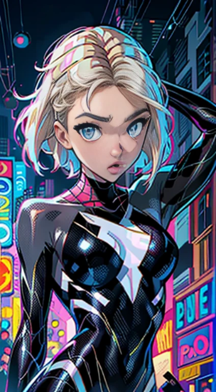 jessicaalba、Create digital artwork in pop art style, Liveliness and confidence,Black Spider-Man Suit, Movie color schemes, Vintage, Vivid brush strokes,Emotions must be dynamic, Upper body, Drawing, Illustration,