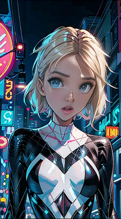jessicaalba、Create digital artwork in pop art style, Liveliness and confidence,Black Spider-Man Suit, Movie color schemes, Vintage, Vivid brush strokes,Emotions must be dynamic, Upper body, Drawing, Illustration,