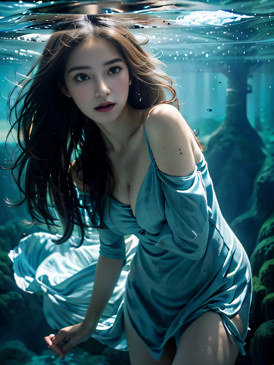 beautiful woman drowning, portraitures、Deep sea,( under the water:1.1), Lightning, Bright eyes, wearing a dress made of seashells, (Up close:1.3)