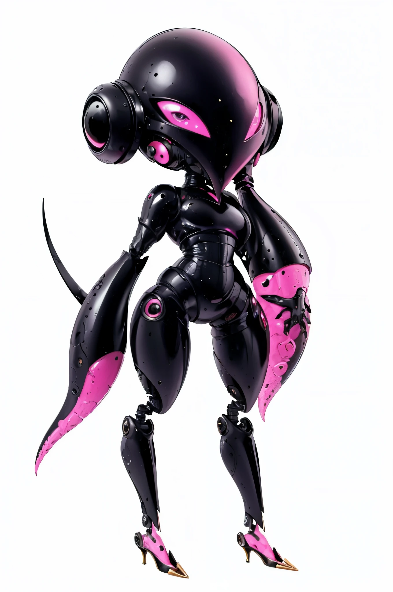 A humanoid squid. Black body with pink subcolor. robot eyes. Feminine. Shiny. Emits light. lips. fat leg. Deformed style. Full body image.