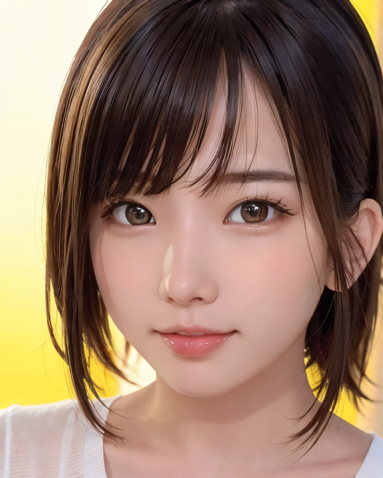 (in 8K),  slim１People Girls, Smiling, Light blue kimono, Bangs parting, Brown hair,  ((pastel yellow background)), flat chest、No skin exposure, (close up to face, Enlarge your face, Face Focus:1.5)