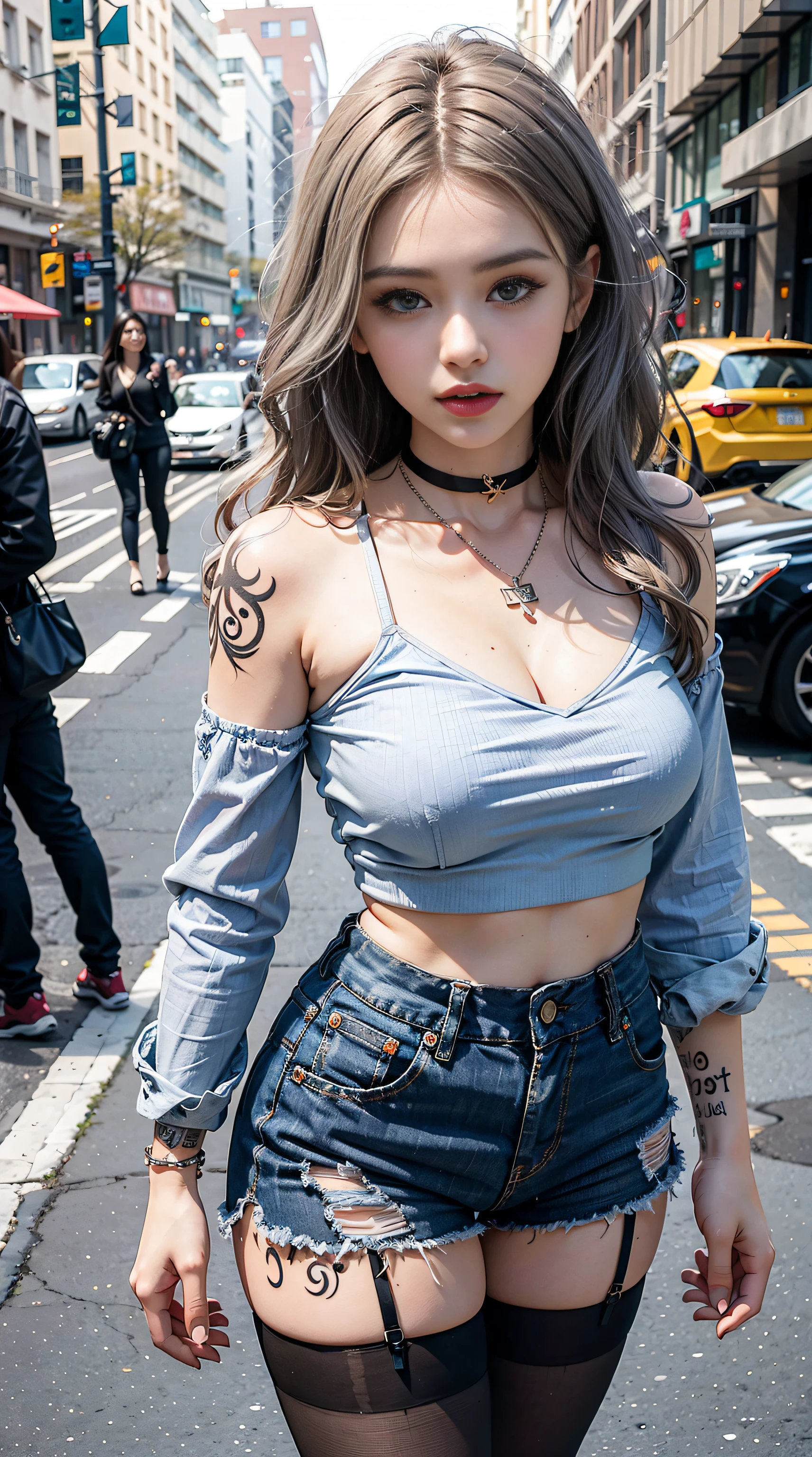 Urban Beautiful Girl College Student，tmasterpiece，light make-up，Redlip，Silver hair，Long messy hair，high-heels，Stand on the street，gracefulness，black lence stockings，ellegance。Super fine detail，Works of masters，Authentic texture，Realistic movie lighting，Perfect work，8K，k hd，exquisite facial features，White tight-fitting top，l blue denim shorts，slimfigure，big bright eyes，Smooth skin，(eardrop)，(choker necklace)，((Tattooed with)),(skin exposed)，(Horror)。