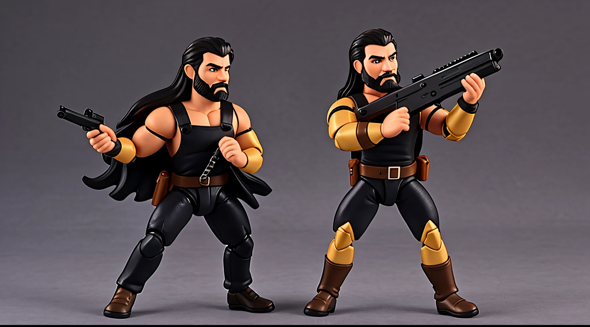 1 Man solo, he has a short black beard and he has black flowing hair. Action Figure. One solo action figure with a gun