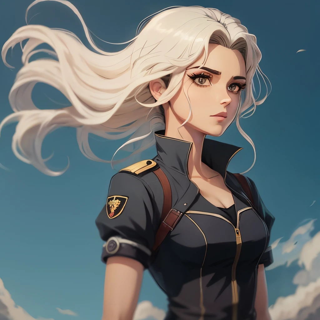 Personagem de anime feminino com cabelo preto longo, cor da pele parda, olhos pretos, sobrancelhas pretas
