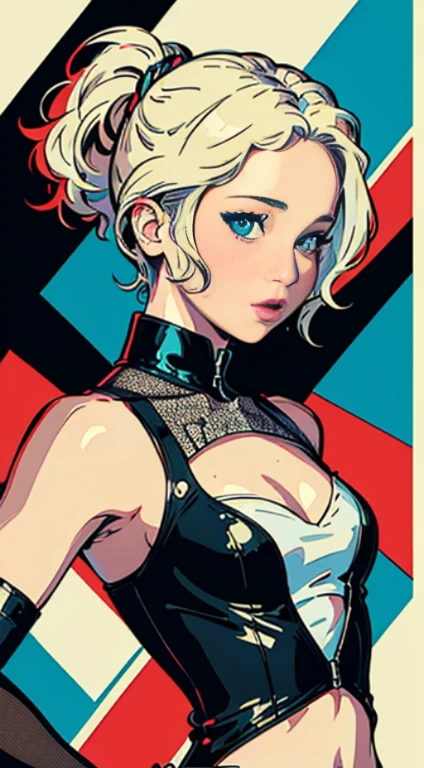 Jennifer Lawrence、Create digital artwork in pop art style, Liveliness and confidence，Street fashion, Movie color schemes, Vintage, Vivid brush strokes,Emotions must be dynamic, Upper body, Drawing, Illustration,