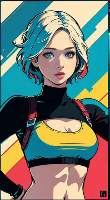 Jennifer Lawrence、Create digital artwork in pop art style, Liveliness and confidence,Street fashion, Movie color schemes, Vintage, Vivid brush strokes,Emotions must be dynamic, Upper body, Drawing, Illustration,