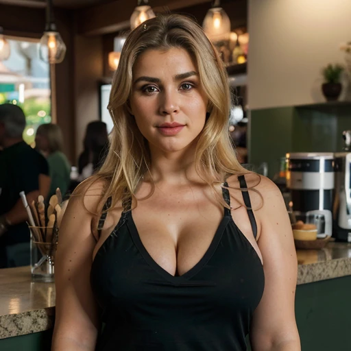 sexy mature blonde woman at a coffee shop counter with her breasts on the counter and her closed fist resting on her cheeks,camiseta preta sexy,olhando para a camera,master part,Rosto russo,Bokeh,Cinematographic Luminaire,Cinematic details,corpo suado,Cara Sexy,seios grandes,bunda grande,seios grandes redondos perfeitos,body curvy,large lips,contorno,Cabelo loiro curto asimetrico,olhos verdes grandes,detalhes intrigantes,UHD,epic realistic,8k,best quality,high resolution,Rosto com detalhes altos,vestido com detalhes altos,Sony Alpha 1,Tiro inclinado de 70mm,F/t.1.5
