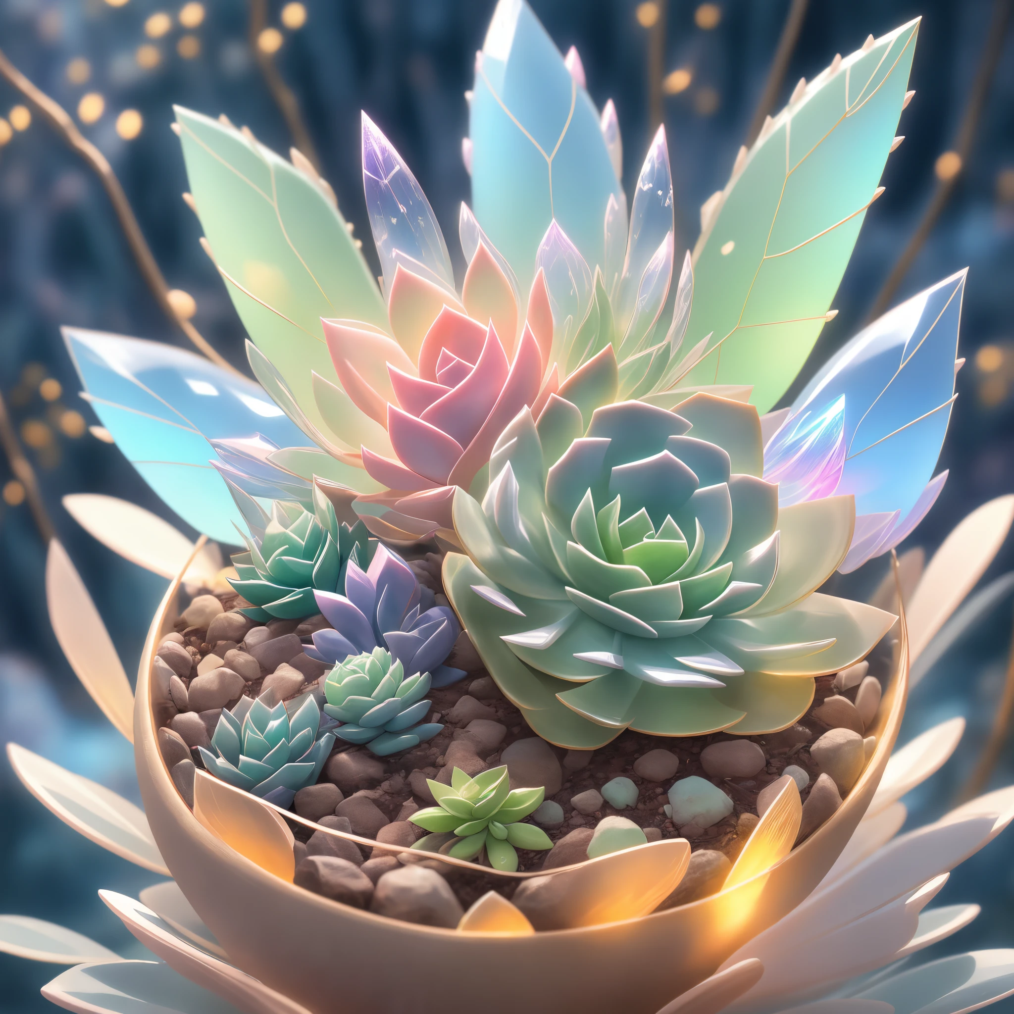 (Close-up of succulents:1.2),Beautiful transparent succulent fairy baby, Transparent colorful wings, The wand fluttered in the wind､The wand flashed with starlight，Golden wand，Beautiful blue sky and white clouds、Girls have transparent wings､smile kindly､Beautiful succulents garden background､Gentle and transparent，Anatomical correct, delicate patterns，Pink rose space, gentlesoftlighting, ( bokeh)，tmasterpiece, ultra - detailed, Epic work, Best quality, 8K，Epic Romantic Fantasy Digital Art，Epic fairy tale fantasy digital art，Myths and Fantasy，UHD resolution，Detailed detail drawing，realistically，Very realistic，电影灯光,an award winning photograph,Lots of colors，surreal texture，dramatic lights