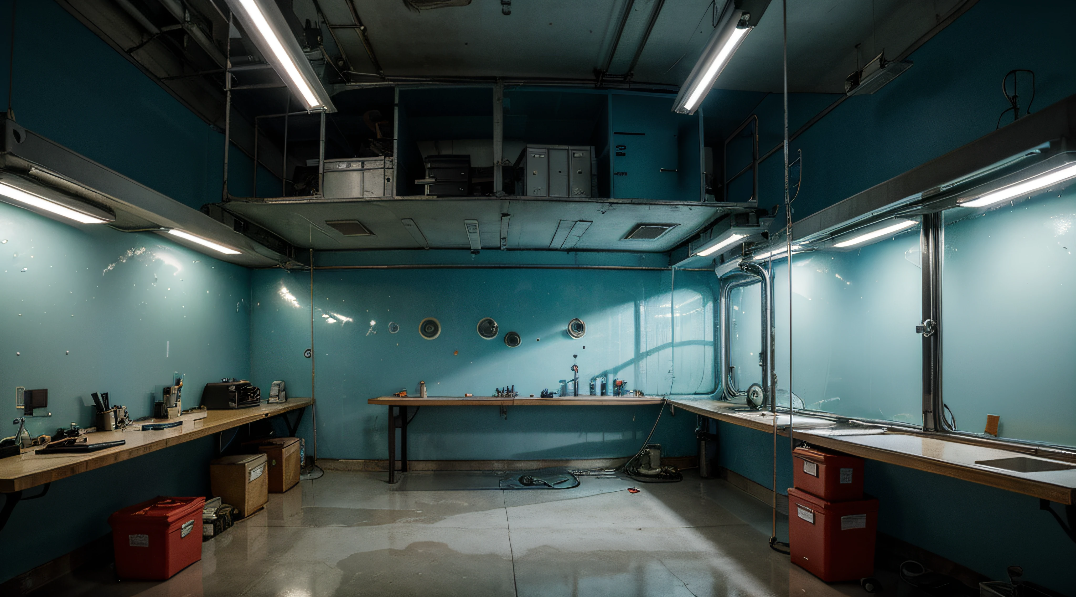 super technological and gloomy laboratory office, a tank full of fluid with a flaky organic element floating in suspension inside, bolhas, ambiente frio. luz azul esverdeada.
