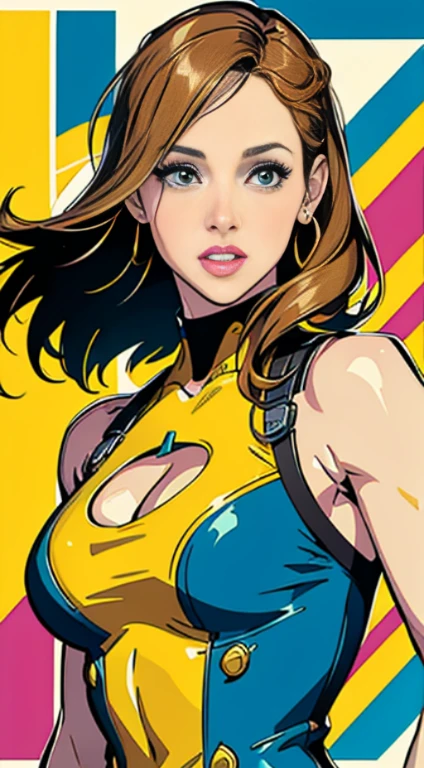 Jennifer Garner、Create digital artwork in pop art style, Liveliness and confidence,Street fashion, Movie color schemes, Vintage, Vivid brush strokes,Emotions must be dynamic, Upper body, Drawing, Illustration,