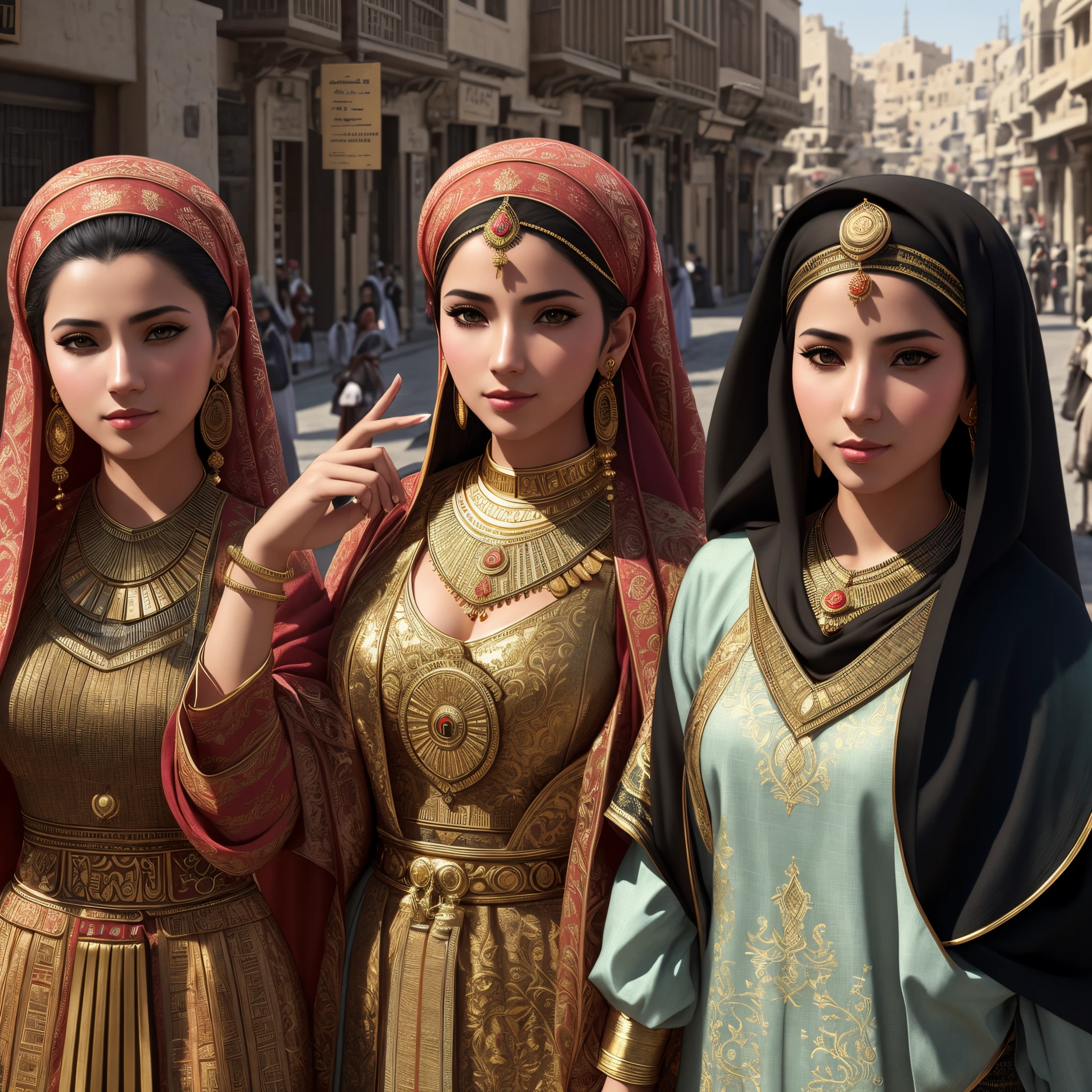 Three women in traditional costumes are standing on the street。, 3 d render character art 8 k, cgsociety 8k, cgsociety 8k, cgsociety 8 k, Middle Eastern skin, 3D CG, 3 d cg, Trending in CGsociety, 8k high quality detailed art, Trends in 3D rendering in art stations, Egyptian clothing, Arabian Art, beautiful digital works of art