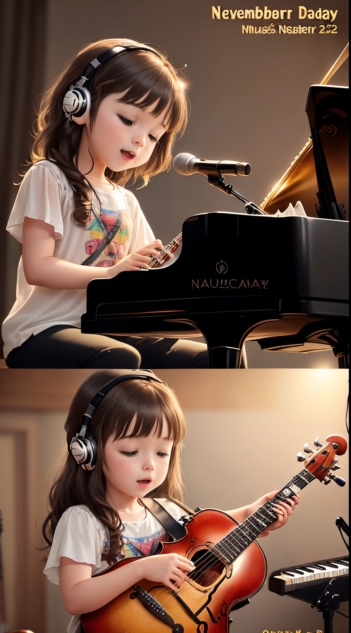 Create music themed congratulation image; Musician instruments; musician pictures; girl playng; Title ("November 22nd Musician's Day"); Text ("Congratulations to you who are a musician! And for those of you who only pick up the instrument when playing, There's still time to improve... ")
