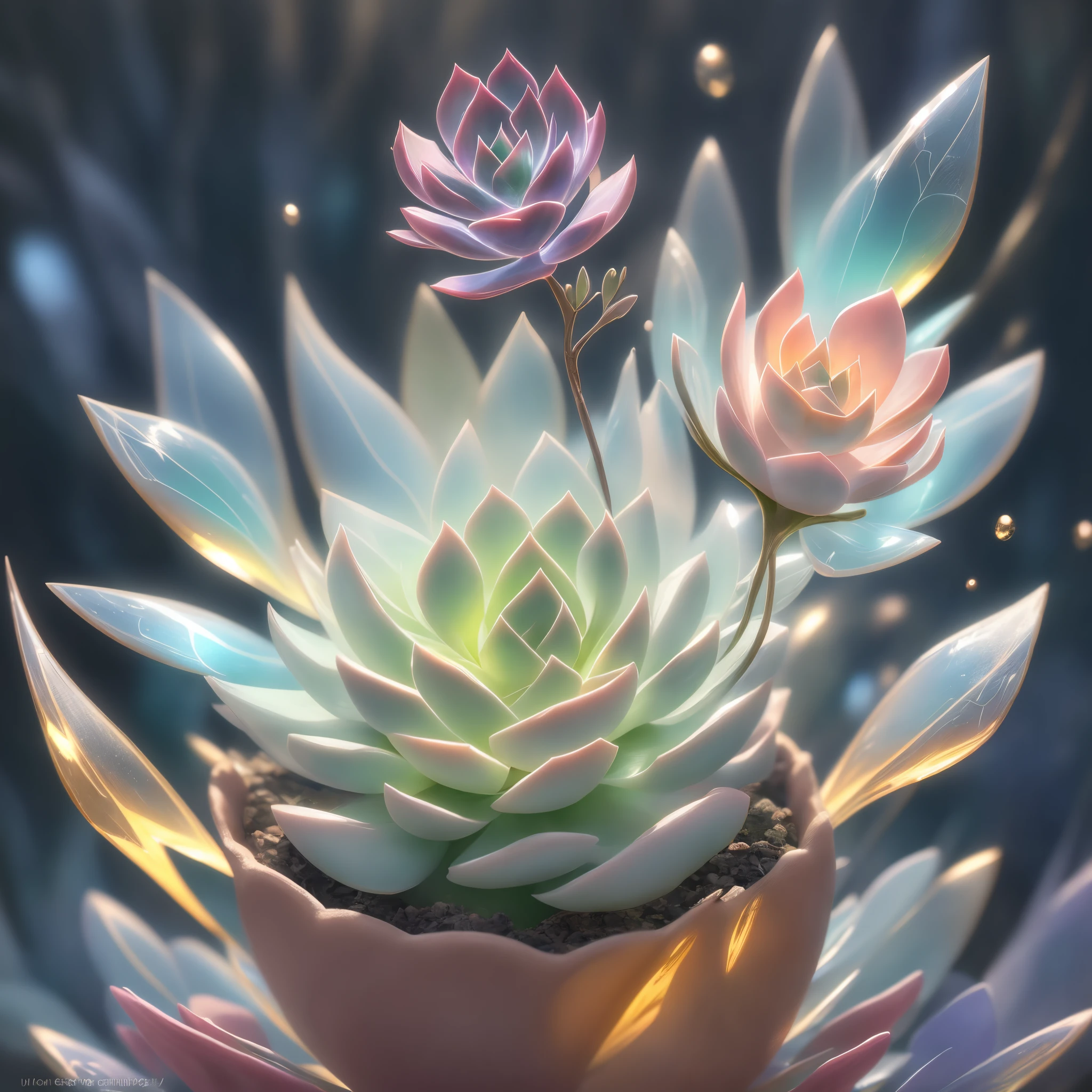 (Close-up of succulents:1.2),Beautiful transparent flower fairy baby, Transparent colorful wings, The wand fluttered in the wind、The wand flashed with starlight,Golden wand,Beautiful blue sky and white clouds、Girls have transparent wings、smile kindly、Beautiful succulents garden background、Gentle and transparent,Anatomical correct, delicate patterns,Pink rose space, gentlesoftlighting, ( bokeh),tmasterpiece, ultra - detailed, Epic work, Best quality at best, 8K,Epic Romantic Fantasy Digital Art,Epic fairy tale fantasy digital art,Myths and Fantasy,UHD resolution,Detailed detail drawing,realistically,Very realistic,电影灯光,an award winning photograph,Many colors,Hyper-realistic textures,dramatic lights