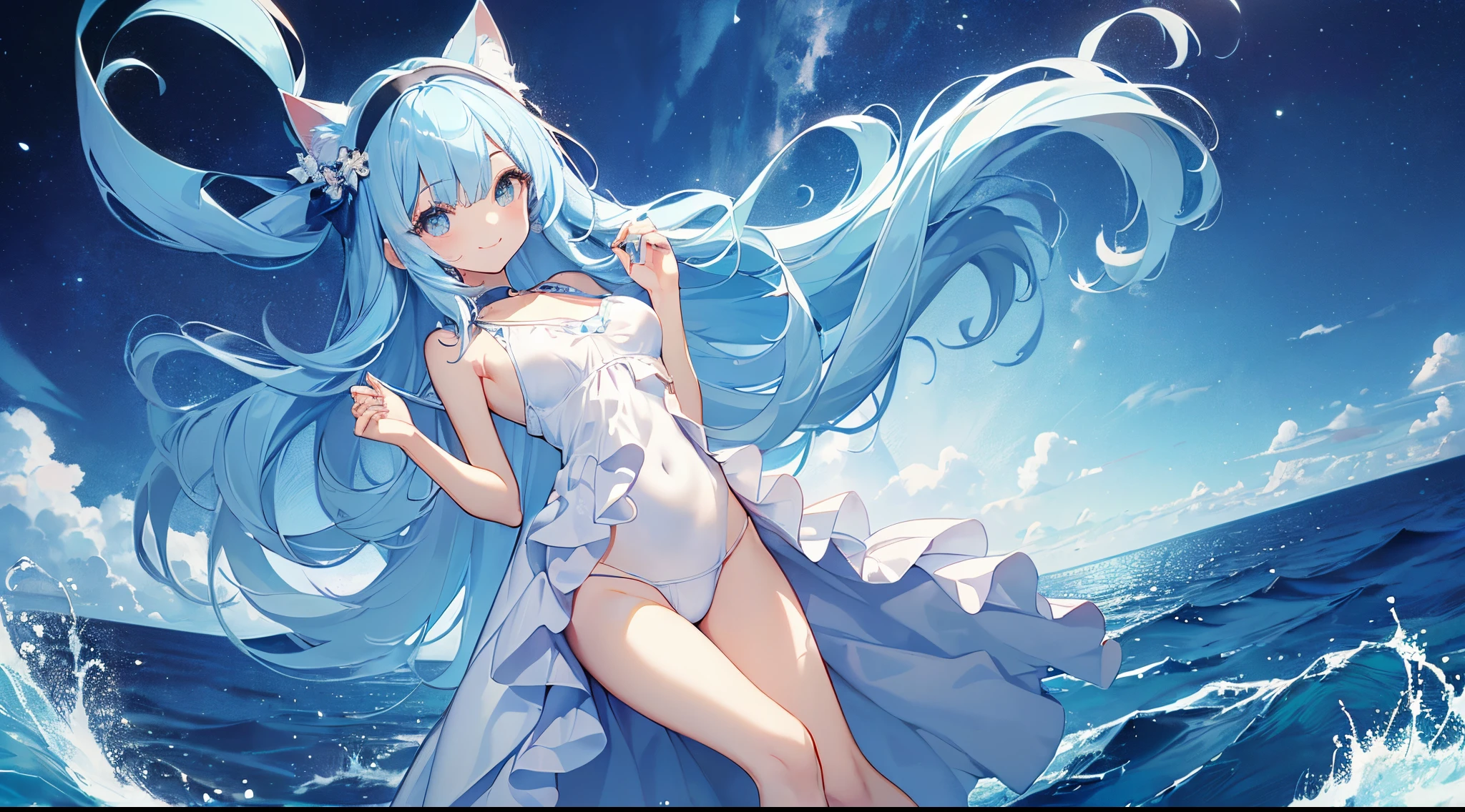 ((2D Beautiful Girl、top-quality、perfect fingers:1.1、perfect anatomia:1.1、Perfect outfit、face perfect:1.1、Beautiful illustration))、(transform sequence)、((cute decorative headband、White and light blue swimsuit)、14years、Solio、hime、Fractal Art、baby-face、((stright long hair))、(Slender and beautiful legs)、Beautiful big drooping eyes、(full body photographed:1.1、Zoom out and shoot)、((1人))、Blue sky and sea background、cat ear、a smile