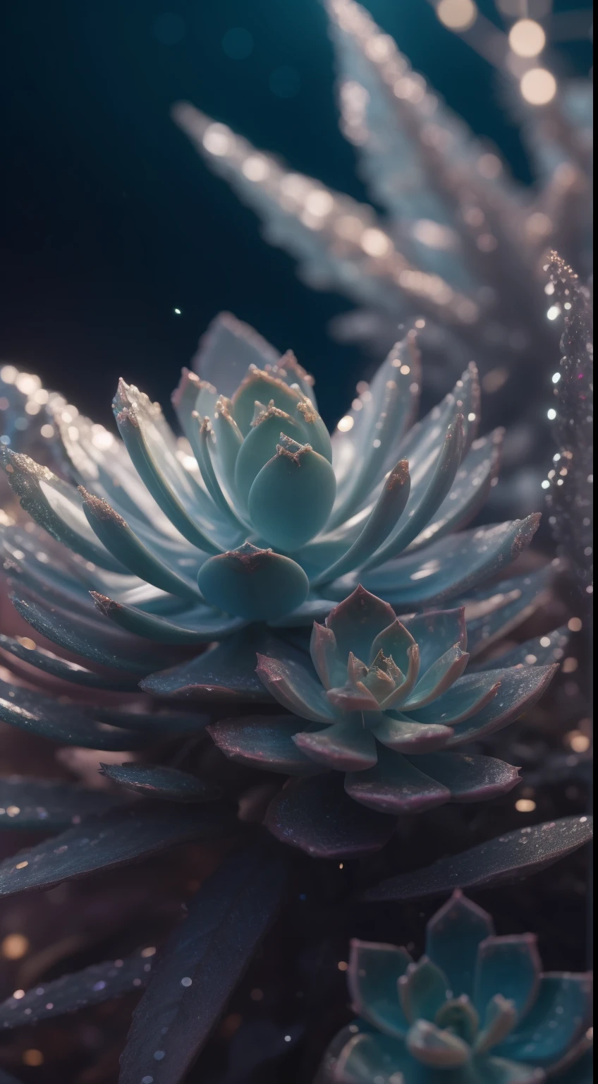 crystals fantasy,Close-up of succulents,Rich colors,toes up,Countless glittering feathers flutter in the air,
Fantastical, galactic, cleanness, shallowdepthoffield, jade background blur, Sparkling, Sparkling, Amazing Cleavage, Colorful,
magical photography,dramatic lights,photo-realism,hyper-detailing,4K,degree of freedom,A high resolution