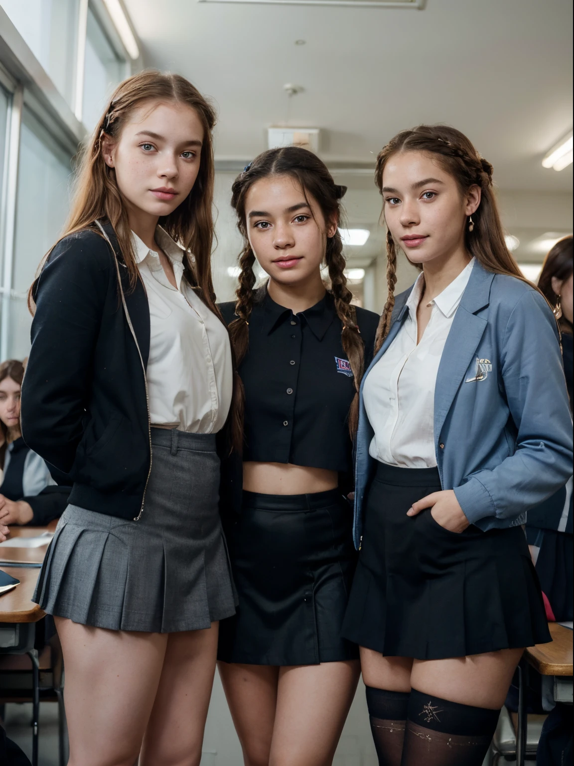 (best quality), (masterpiece:1.2), wide angle photo, full body photo, group photo, 5 young teen schoolgirls, 16 years old, ypung faces, innocent faces, skin imperfections, acne, perfect ruby lips, smiling wistfully, diverse ethicities: ebony, black, white, nordic, indian, diverse hair colors: redhead, blonde, afro, twin braids, heavy freckles, pale skin, makeup, earings, crowded classroom, morning, school, crowd of people, school uniforms, unbottoned blue shirts, tight shirt, miniskirts, black stockings, open jacket, sexy neckline, large neckline, 16k, photorealistic, real photo, nikon d800