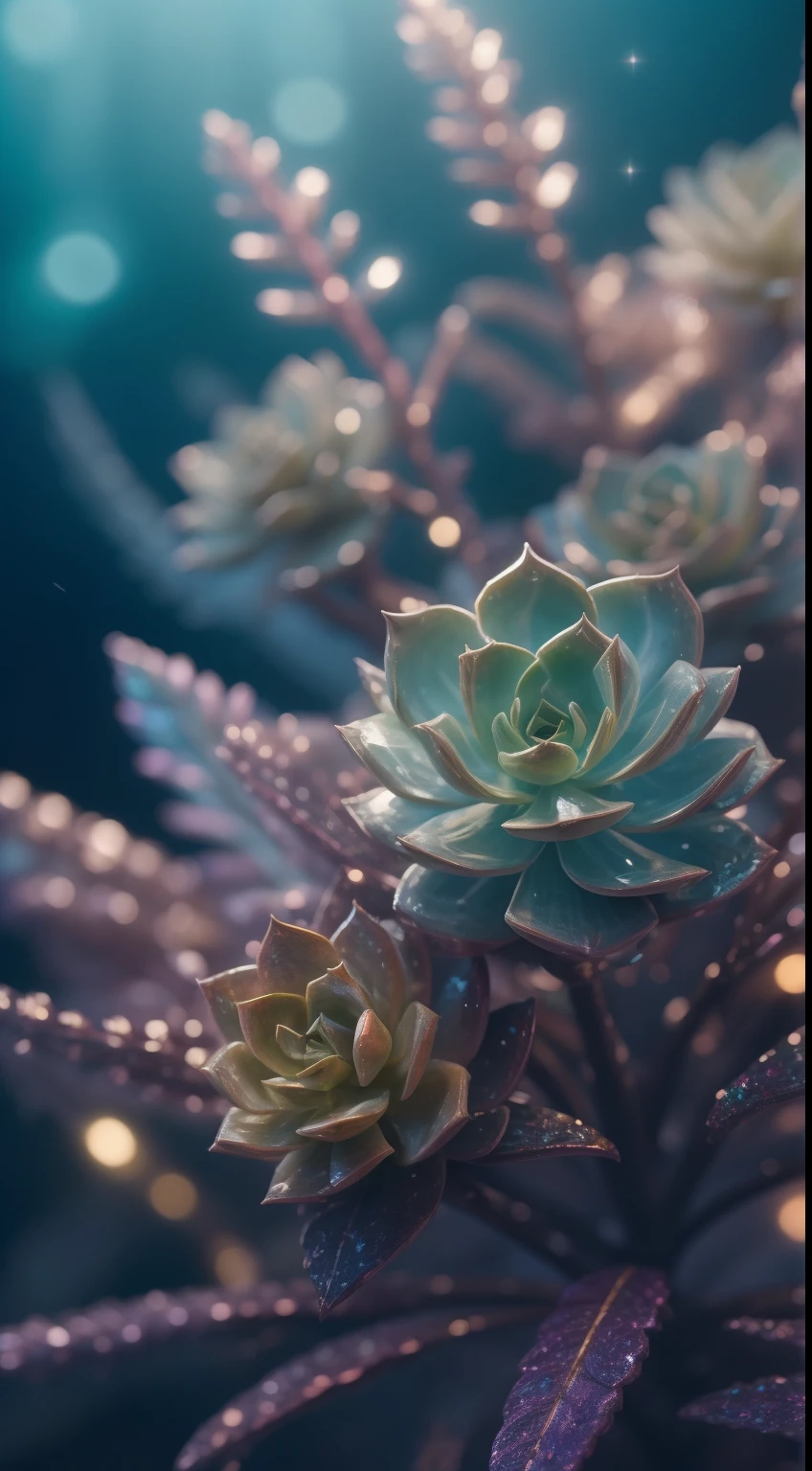 crystals fantasy,Close-up of succulents,Rich colors,toes up,Countless glittering feathers flutter in the air,
Fantastical, galactic, cleanness, shallowdepthoffield, jade background blur, Sparkling, Sparkling, Amazing Cleavage, Colorful,
magical photography,dramatic lights,photo-realism,hyper-detailing,4K,degree of freedom,A high resolution