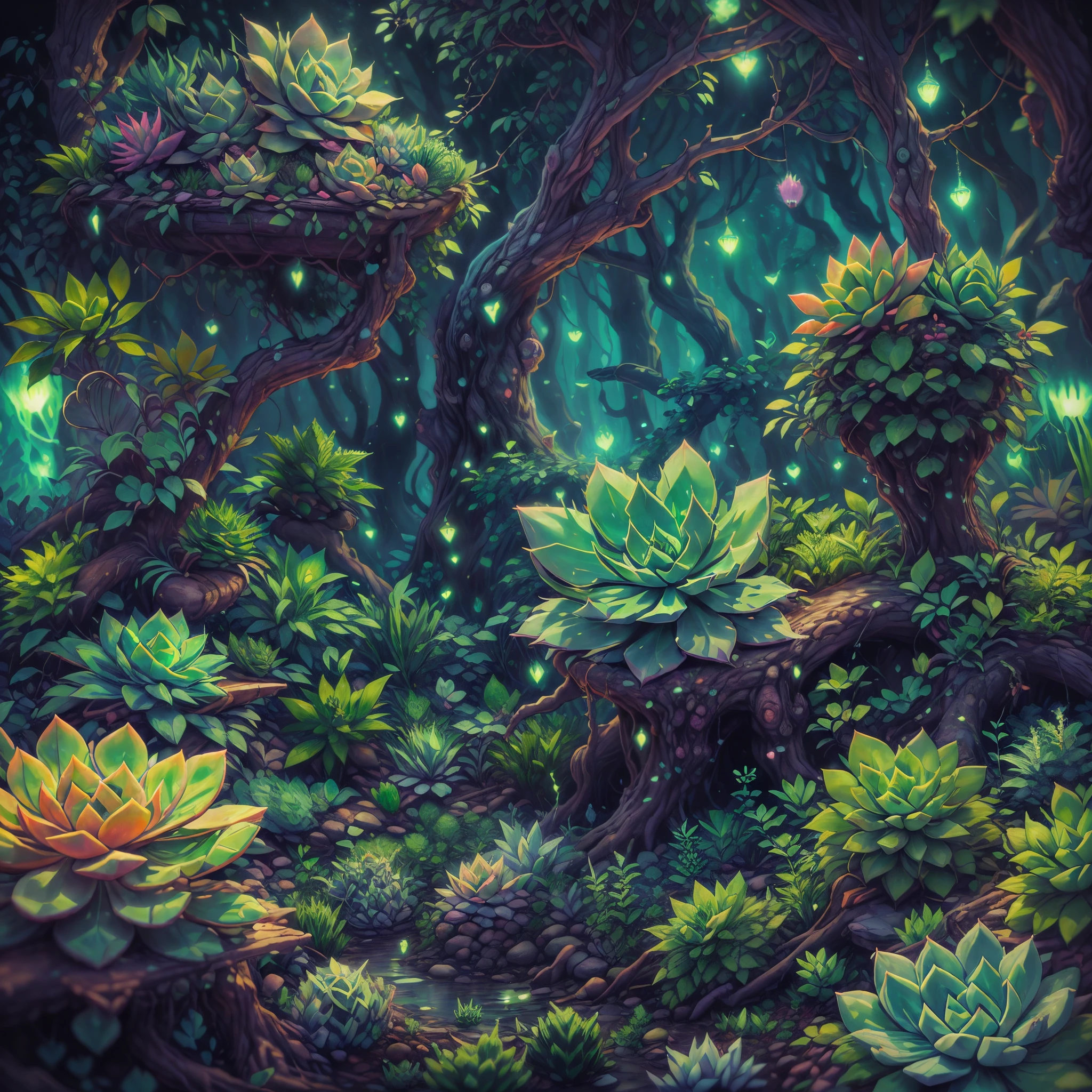 tmasterpiece，Best quality，high high quality，The content is very detailed，8K，(Close-up of succulents:1.5),Fantastic snow and ice jungle，ice witch，Colorful ice magic，Glowing Elves，Natural elements in the forest theme，Colorful snow and ice jungle，Epic fantasy art style，Delicate leaves and branches are surrounded by fireflies（nature elements），（Jungle theme），（leafs），（tree branch），（glowworm），（particle effect）and other 3D， Octagon rendering，ray traycing，Super meticulous，Depicting the harmony between man and nature