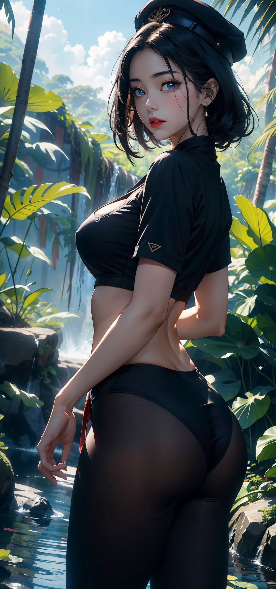 1人の女性，33yo，熟妇，The chest is large，Raised sexy， photo exposure， 独奏，（Background with：the rainforest，lotus flower，Ground area water）Stand deep in the forest， She has short black hair，Redlip，Nakeness girl，dynamicposes，seen from the front， hair straight， The sky is mostly cloudy，（（（tmasterpiece），（Very detailed CG unified 8k wallpaper），Best quality，电影灯光，detailed back ground，beautidful eyes，Bright pupils，（very delicate beautiful），（Beautiful and detailed eyes description）黑The eye，Redlip，ultra - detailed，tmasterpiece，）），facing at the camera，（Upper part of the body），A high resolution，ultra - detailed），Expose breasts exposed，Bare genitals，  convex，Genital leakage，legs are open，sexyposture，Camel toes，navy（dressed in：Sailor's cap，nakeness，Blue sailor suit，black colored leggings） ，Bare lower body