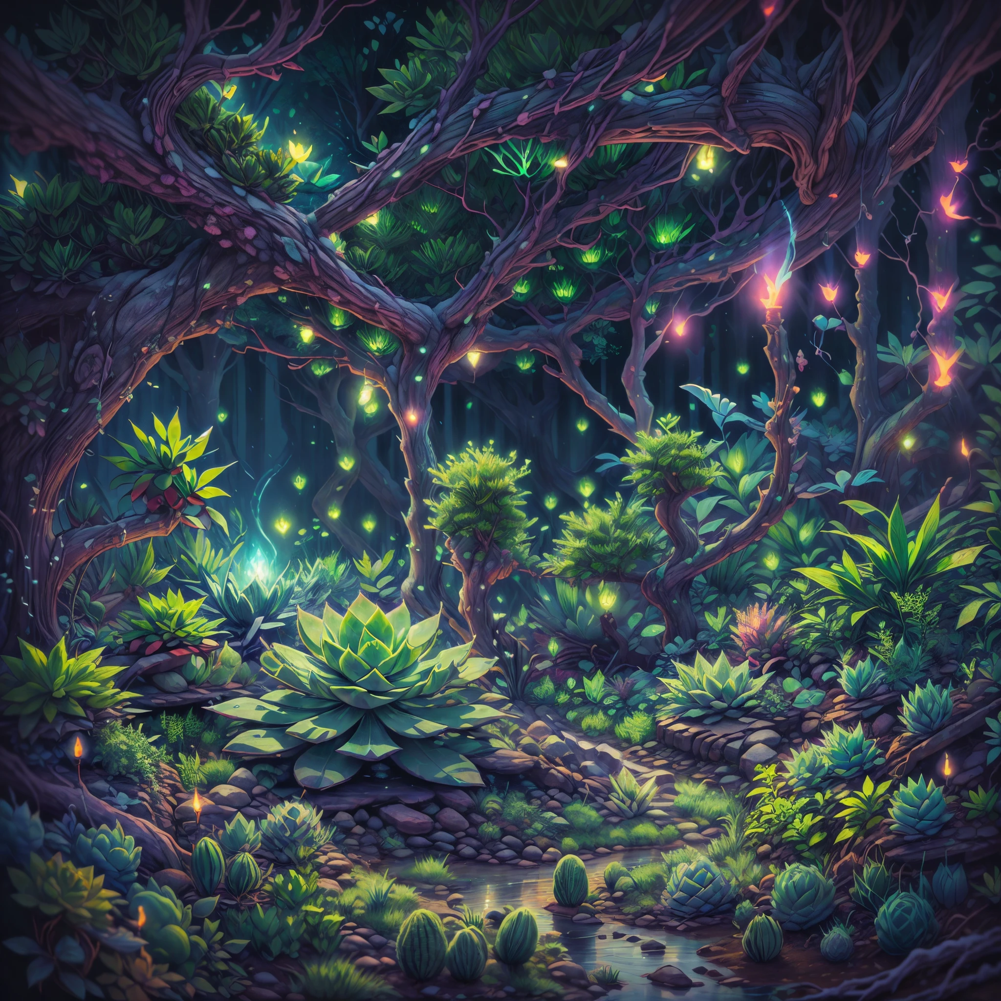 tmasterpiece，Best quality，high high quality，The content is very detailed，8K，(Close-up of succulents:1.5),Fantastic snow and ice jungle，ice witch，Colorful ice magic，Glowing Elves，Natural elements in the forest theme，Colorful snow and ice jungle，Epic fantasy art style，Delicate leaves and branches are surrounded by fireflies（nature elements），（Jungle theme），（leafs），（tree branch），（glowworm），（particle effect）and other 3D， Octagon rendering，ray traycing，Super meticulous，Depicting the harmony between man and nature