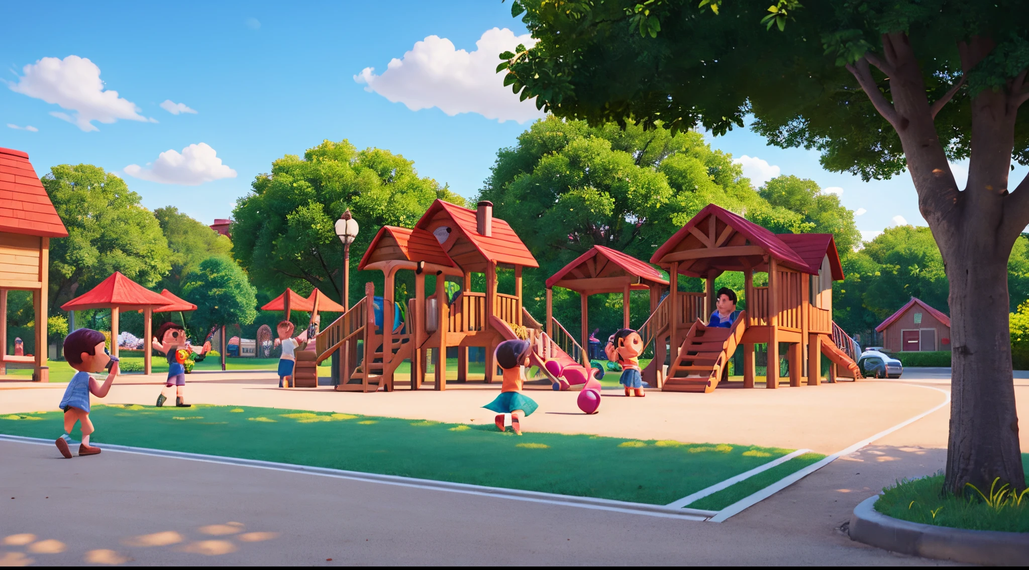 school park playground, Children playing, Pixar style, Wide Shot