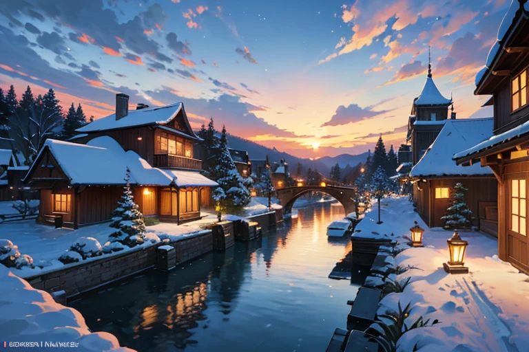 masutepiece, Best Quality, Ultra-detailed, fine detailed, 8K, breathtaking sights, Spectacular views, Dawn of a big port city, Dawn sky, Sunrise sky, the morning sun, Blue Hour, the golden hour, early morning, winter, snow, powder snow, snow mountain, snow tree, Multiple large floating islands, Multiple towers of various sizes, Ancient buildings, Ancient bridges, Cityscape, canal, creek, Waterways, das boot, forest, Waterfall, Nature