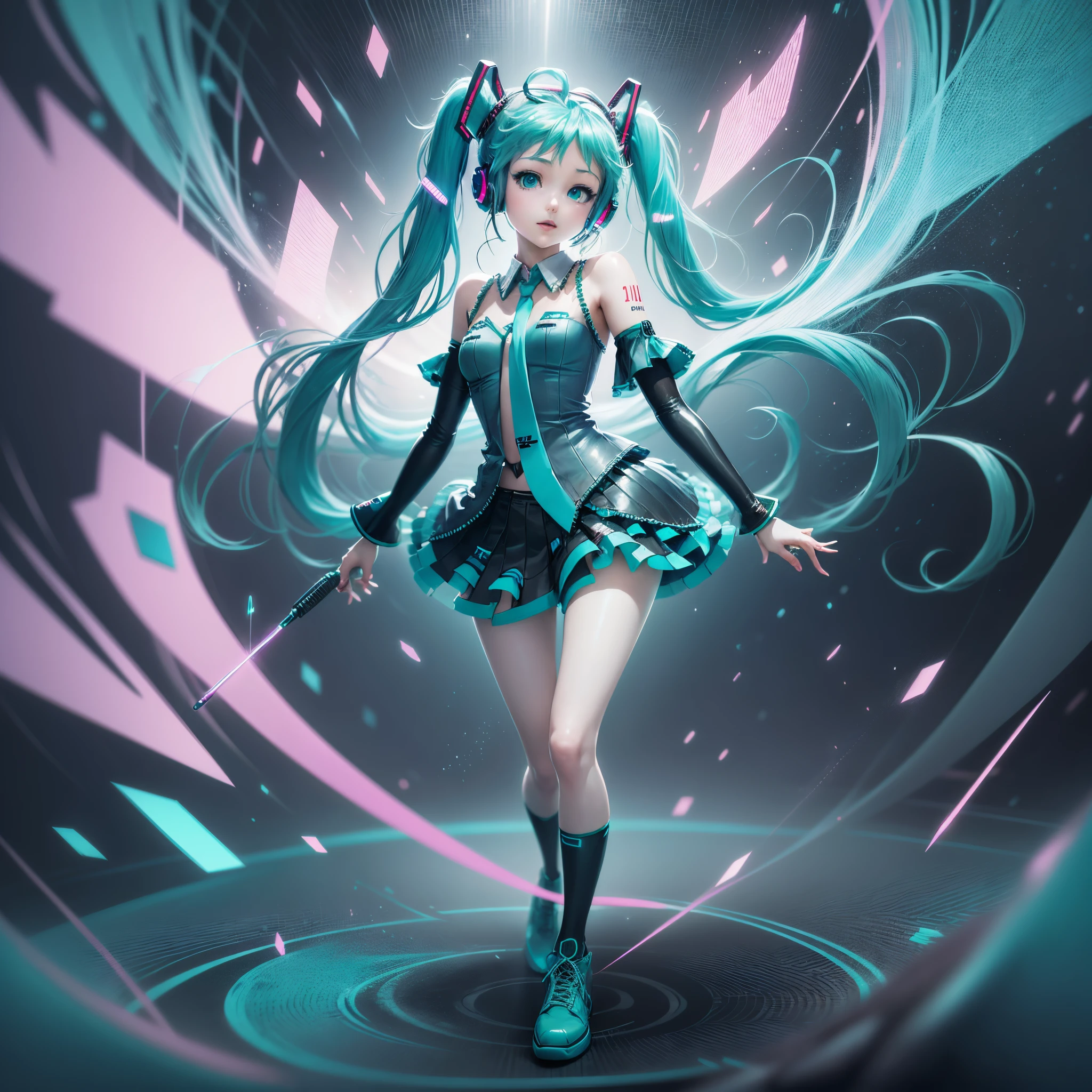 ((best illustration, anime style, full body shot, 1 girl, Hatsune Miku)), blue and turquoise hair, headphones, big blue eyes, dynamic pose, floating, ethereal background, light rays, neon lights, holographic effects.